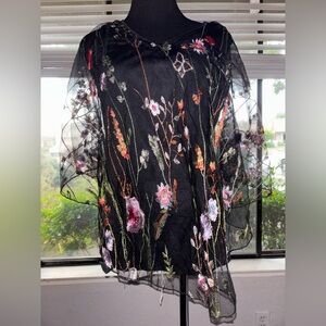 Allegra K Black Sheer Top with Floral Details